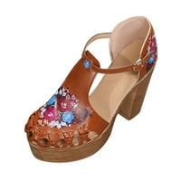 Puawkoer dame Ljeto Retro modni okrugli nožni cvjetni sandale za kopče visoke pete