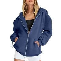 Dyfzdhu Zip up hoodie za žene za jesen predimenzionirana dukserica sa džepom casual nacrtač od pune boje jakna s dugim rukavima mornarsko plava