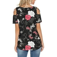 T majice za žene Žene cvjetne printeke kratki rukav Strappy Hladni ramena majica TOPS Bluzes Womens T majice Black + XXL