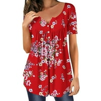 Pejock Women plus veličina kratkih rukava V-izrez V-izrez ljetni cvjetni print T majica Loset fit gumb pulover bluza Flowy Dressy casual majice crveni d xl