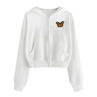 Loyisvidion Women Embloidery Butterfly dugih rukava sa patentnim zatvaračem Džepna košulja dukserice s kapuljačom TOPLE CLEARANCE bijela 10