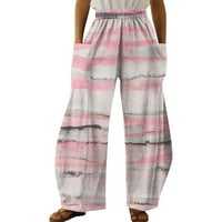Clearians Vintage Ravne žene Ležerne prilike za ispis Elastični srednji struk Udobne široke nogu labave hlače ružičaste m