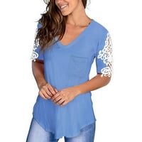 Ljetne košulje za žene čipke kratkih rukava s kratkim rukavima V-izrez labave ležerne ljetne tee vrhove ženske bluze dušo ljetni vrhovi B46578, plavi xxl