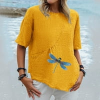 Ženska modna casual s kratkim rukavima kratkih rukava rever za ispis Džepna bluza za bluzu s džepovima, žutim, XL