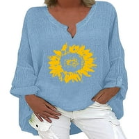 Grianlook Ženska majica V izrez Tee Sunflower Ispis T majica Ladies Casual Tunika Bluza Labavi dugi rukav Sky Blue 2xL