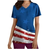 Odeerbi 4. juli Patriotski piling vrhovi za žene Dan nezavisnosti tiskana radna odjeća sa džepnim kratkim rukavima V-izrez majica Plava