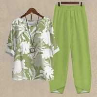 Ženska odjeća za ljeto casual žensko ljeto tiskovina kratkih rukava s kratkim rukavima okrugli vrat, obrezani top + casual pants set set dva salon zelena xl