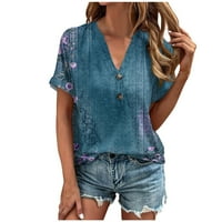 Ženski ljetni vrhovi gumba s kratkim rukavima za žene Spring Floral Henley Tuničke majice za žene V izrez Žene Ljetne bluze plave l