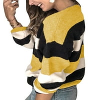 Bomotoo žene labavi skakač vrhovi prugasti pleteni džemper zimski toplini pleteni pletiv izrez za vrat izrez žuti xl
