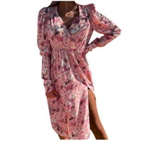 Ljetne haljine za prodaju za žene za žene s dugim rukavima za tisak cvjetnog uzorka V-izrez Maxi Split
