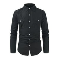 Muška modna casual gumba LEAL pamuk puni u boji džep dugih rukava Slim Fit bluza crna xl