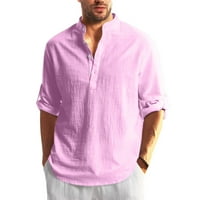 Muška majica Dizajnerska proljetna ljeto Muška povremena pamučna posteljina pune boje majica s dugim rukavima Labave košulje ružičaste l