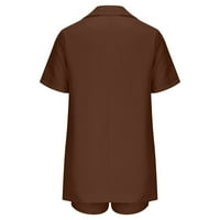Hlače za žene Trendi Trendovi Žena Čvrsta kaput bluza s kratkim rukavima + High Squok džepovi hlače Smeđi L C5793
