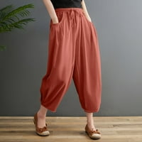 B91XZ casual pantalone za žene Nova labava puna boja pamučna i posteljina čipka udružene elastične hlače za hlače za žene za žene Trendi crvena, veličine l