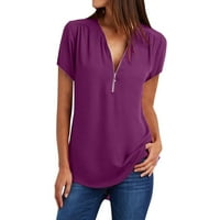 Ersazi majica Ženska modna čvrstoća boja sa zatvaračem s kratkim rukavima s kratkim rukavima s kratkim rukavima u carinjenje ljubičasta pamučna bluza XL