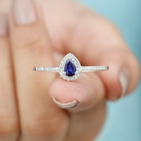 Kruška rez plavi safirni prsten za suzanje sa dijamantskim halo za žene - AAA razred, srebrna srebra,