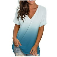 Lirclo ženska modna casual gradijent V-izrez kratki rukav labav majica na vrhu svijetlo plava 3xl