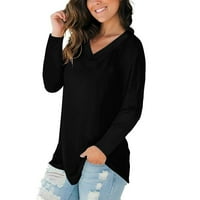 Košulje s dugim rukavima za ženska bluza pamučna boja V-izrez pulover s dugim rukavima s dugim rukavima majice za žene crne + s