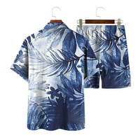 Yievit Muns Summer Festival Travel Outfits setovi Clearence Hawaiian tiskane kratkih rukava plaže od ruka Boho košulja i hlače Ležerne prilike aktivne odjeće tamno plave boje