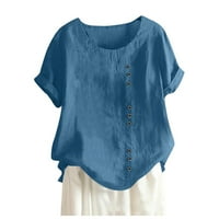 Cuoff bluze za žene modni ležerni temperament okrugli vrat Vintage pamuk i konopci puni gumb Majica kratkih rukava Ženske vrhove tamno plava 4x
