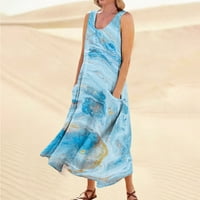 Gaiseeis Ženska ljetna casual modni ispisani rukav bez rukava džepnog haljina svijetlo plava xxxxl