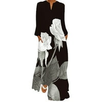 Haljine za žensko čišćenje seksi digitalnog tiskanog duge haljine V-izrez sa džepovima dugih rukava haljina
