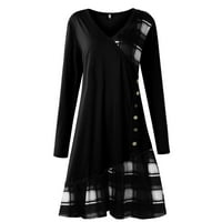 Ženska jesen i zimska haljina Ležerne prilike T-izrez dugih rukava naleted splice dresene haljine crna s