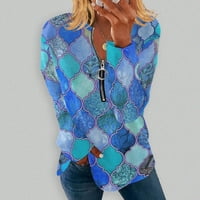 Cuhas ženske modne bluze košulje jesen zima casual okrugli vrat duhovi i nepravilni prugasti geometrijski tiskani dugi rukav plus veličina ženskih vrhova plava 2x