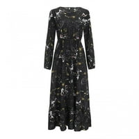 Zpanxa suknje za žene modna crewneck cvjetni tiskani vitki dugi rukavi odjeća za gležnju Crna haljina m