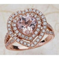 CT Heart Cut ružičasti dragulj sa dvostrukim halo dijamantnim prstenom, 14K ružičasto zlato - veličine 6.5