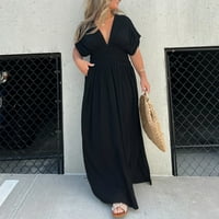 Amousa Haljine Crna slomljena slušna haljina Maxi za odmor Dubokog V High Squist dugačka haljina za žene