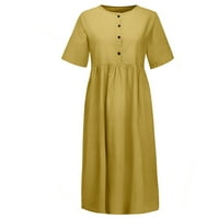 Ljetne haljine za žene Žene O-izrez Dugme Čista boja kratki rukav pamuk i lana haljina