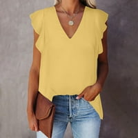 Ženski vrhovi dame V izrez pulover fit kratki rukav sjajni soild majice na vrhu žute l