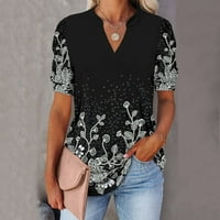 Hoksml vrhovi ženske ležerne majice tiskani kratki puff rukava s pulover V-izrezom, crnim ja