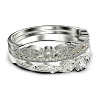Vintage Look Boho & Hippie 1. Carat Round Cut Diamond Moissite zaručni prsten, vjenčani prsten u srebru s 18k bijelo pozlaće, obećaj, Trio set, podudaranje