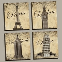 Trendy Monument razglednica putni otisci; Pariz, New York, London, PISA; Četiri ručno rastegnute platni