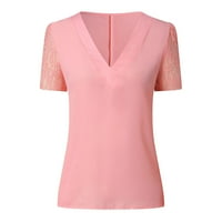Ljetni vrhovi za žene, žene plus veličine čipka čvrsto spajanje kratkih rukava tanka bluza V-izrez, labava udobna majica ružičasta
