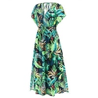 Usmixi haljine za žene elastični struk a-line batwing rukave na plaži sunčeve sunce s kratkim rukavima V-izrez prut ljetni dugi sunčeva haljina zelena s do 65% popusta