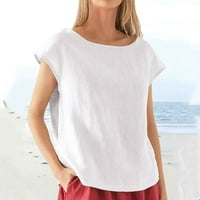 Izlasci vrhovi za žene Casual okruglih vrata kratkih rukava Košulje Trendy Pure Color Pamučni posteljina Ljeto Ugodne bluze za gamaše bijele s