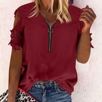 HHEI_K Ženska puna boja labava V-izrez Zipper Hollow čipke kratkih rukava s majicom za žene