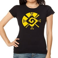 Juniorkov žuti drevni aztec Sun V crna majica Velika
