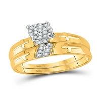 Čvrsta 10k žuto zlato i njezina okrugla Diamond Cross Usklađivanje par tri prstena za brisanje prstena za brisanje vjenčanih vebi. -