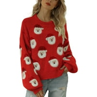 Keusen Božićni džemper za žene Trendy Slatka Santa Claus Ispis Bluuses Holiday Crew pulover pulover crveni s