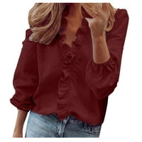 Ženska povremena puna boja rubf ovratnik dugih rukava ruble majica bluza V izrez kratki rukav majica