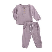 Toddler Baby Girl Boy pamučna posteljina čvrsta boja za hlače sa dugim rukavima Gumb za dugi rukav gore, gornja + nacrtavanje hlača