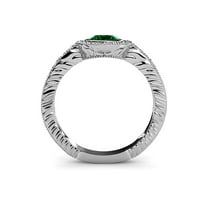 Emerald i dijamantski halo zaručnički prsten sa milgrainnim radom 0. CT TW u 14K bijelo zlato.Size 6.0