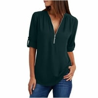 Puntoco Womens Dugi rukav plus veličina, ženske ljetne majice s dugim rukavima Zip Tunic V-izrez Bluza za vrat Green 6