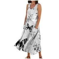 Ljetne haljine za žene tiskane dužine gležnja suncobran bez rukava bez rukava V-izrez haljina sive s