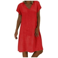 Ženske haljine s kratkim rukavima, puna casual mini a-line V-izrez ljetna haljina crvena xl