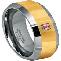 0,05CTW Princess Cut Pink Tourmaline Tungsten Ring Polirani bijeli zlatni volfram Carbide Wedding Band - listopad Rođenje prsten - 14KT Žuta zlatna Bezel - TN024PSG-1ptms12